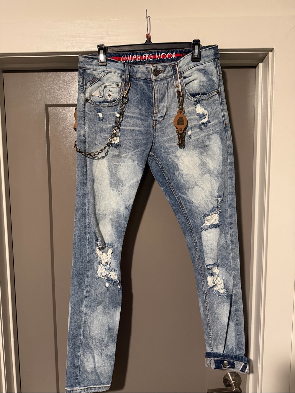 Men's Light Blue Skinny Distressed Jeans with Chain Detail